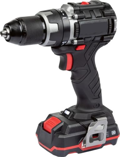 Schwarz-roter Akkuschrauber mit metallischem Bohrkopf und ergonomischem Griff.